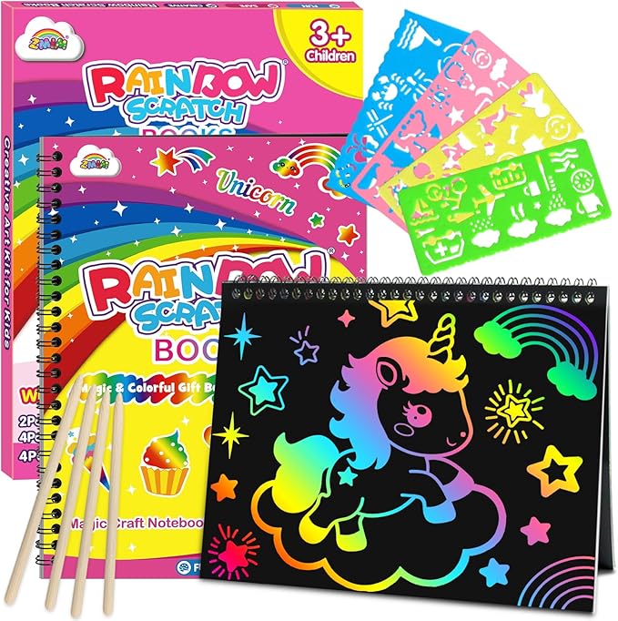 ZMLM Scratch Paper Art-Crafts Gift: 2 Pack Rainbow Notebooks Supplies Toys for 3 4 5 6 7 8 9 10 Years Old Girls and Boys Kids Easter Gifts Christmas Birthday Party Games Unicorns