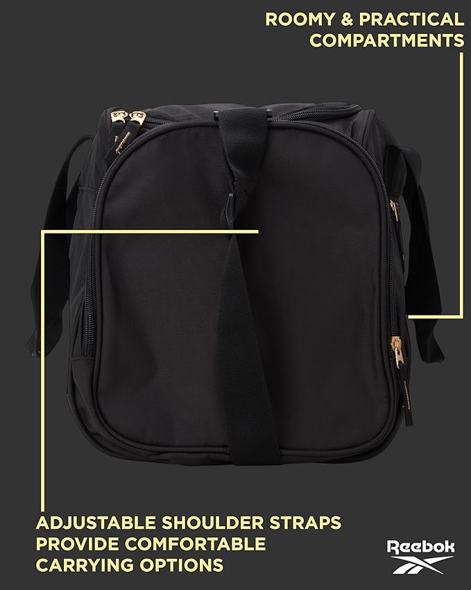 Reebok Duffle Bag - Lightweight Unisex Carry On Gym Bag - Travel and Sports Duffel Bags for Men and Women, Hamilton Black With Gold Logo