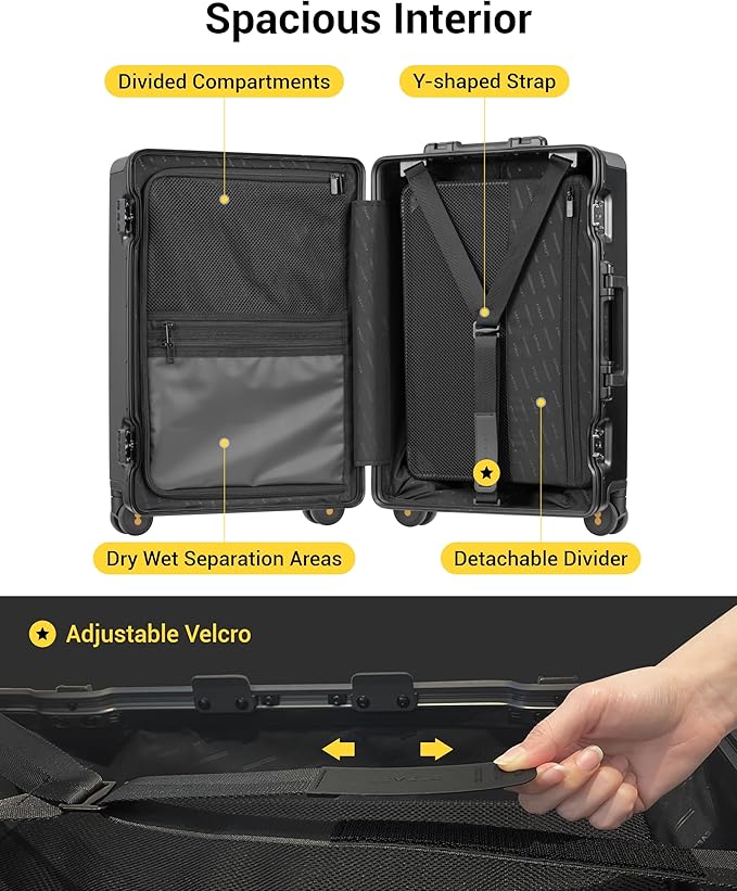 LEVEL8 Zipperless Carry On Suitcase Airline Approved with Aluminum Frame, Hard Shell Luggage with Spinner Wheels, Metal Travel Luggage, 20 Inch, Black