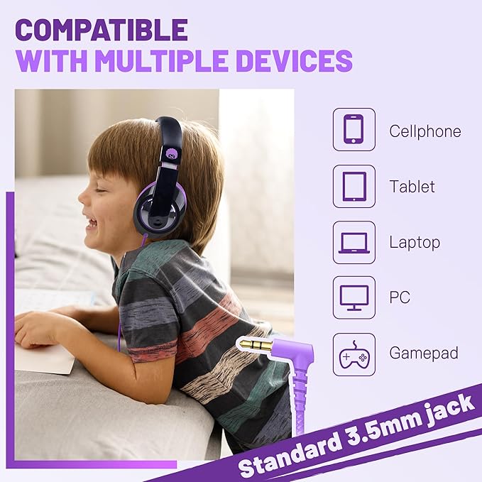 rockpapa Comfort Kids Headphones for School, Lightweight Foldable Portable Childs Boys Girls Teens Headphones Wired 3.5mm with 4.9ft Cord for Travel Airplane Tablet Phone Pad Laptop Black/Purple