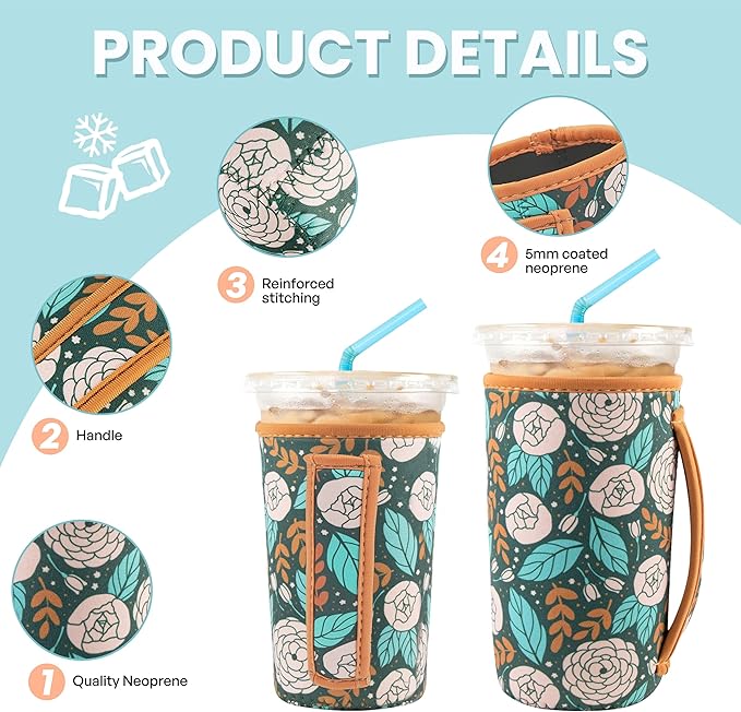 KJQJLY 3 Pack Reusable Iced Coffee Sleeves for Iced Coffee Cups or Drinks Reusable Neoprene Insulated Sleeves for Hot and Cold Drinks from Starbucks, Dunkin, And More (Roses)