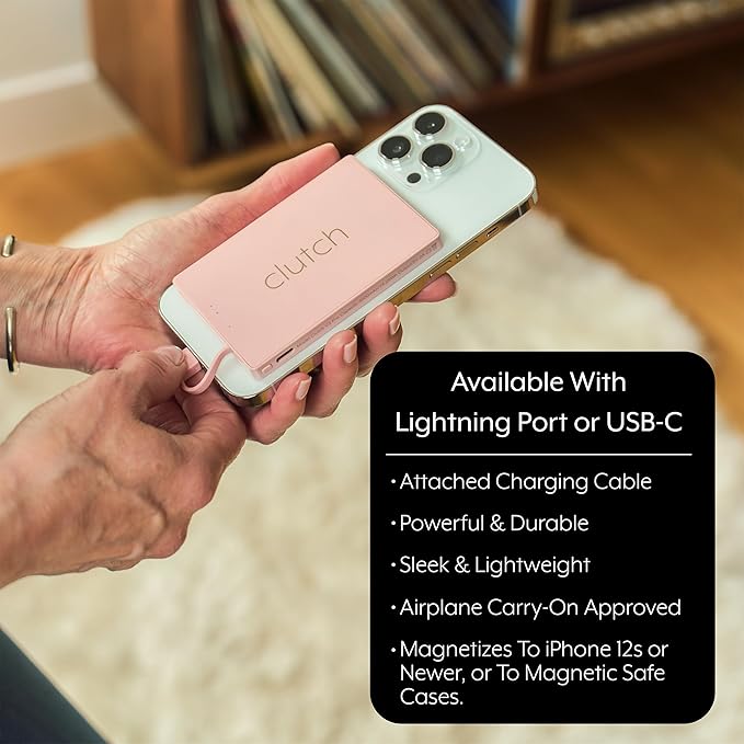 Clutch - Pro USB-C Portable Charger - Compatible with iPhone 15, 16 & Android Devices - Power Bank Magnetic Battery - TSA Travel Approved - USB Rechargeable - Built-in Cable - 5000 mAh - Pink & Black