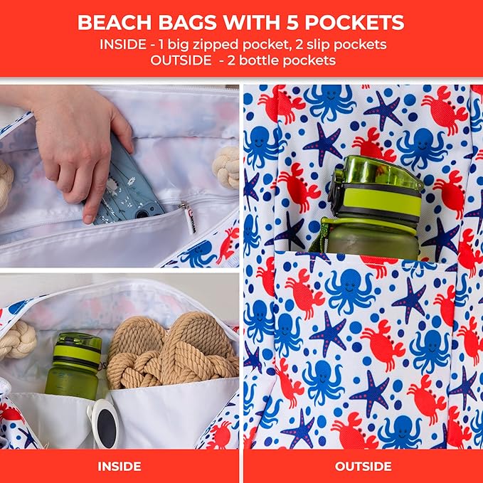 Beach Bag and Pool Bag Has Cooler Pocket, 7 Pockets Total, Zip Top. Family Size Waterproof Beach Tote