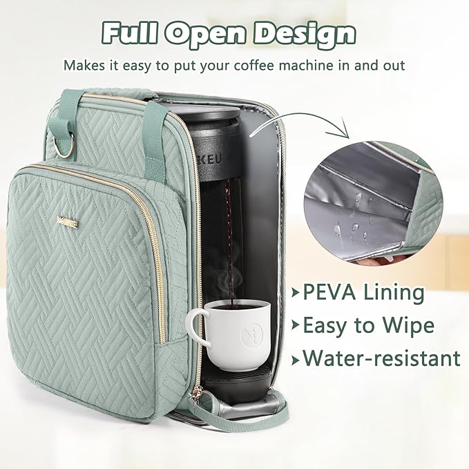BAGSPRITE Coffee Maker Travel Bag Compatible with Keurig K-Mini Mate, Full Open Carrying Case with Quilted Padded Soft Microfiber, K--Cup Single Serve Coffee Maker Bag with Pod Organizer, Mug Pockets