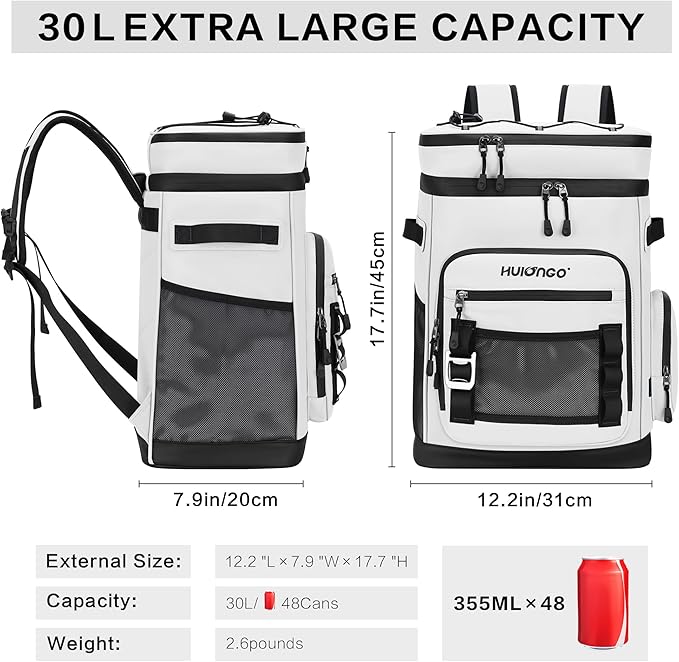 Hulongo Large Waterproof Insulated Cooler Backpack for Men & Women, Leak Proof Cooler Backpack for Camping, Beach, Fishing, Picnic, Travel, Outdoor, 30L, 48Cans