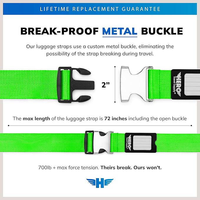 Hero Luggage Straps for Suitcases and Carry-On (2-Pack) Heavy-Duty Secure Belts with 700+ lbs. Max Force Tension (Green/Pink)