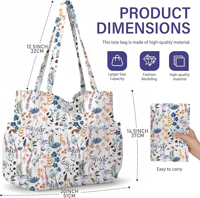Corduroy Tote Bag for Women,Large Capacity Cute Tote Bags With 6 Pockets,Crossbody Shoulder Handbag for Work Travel Gym