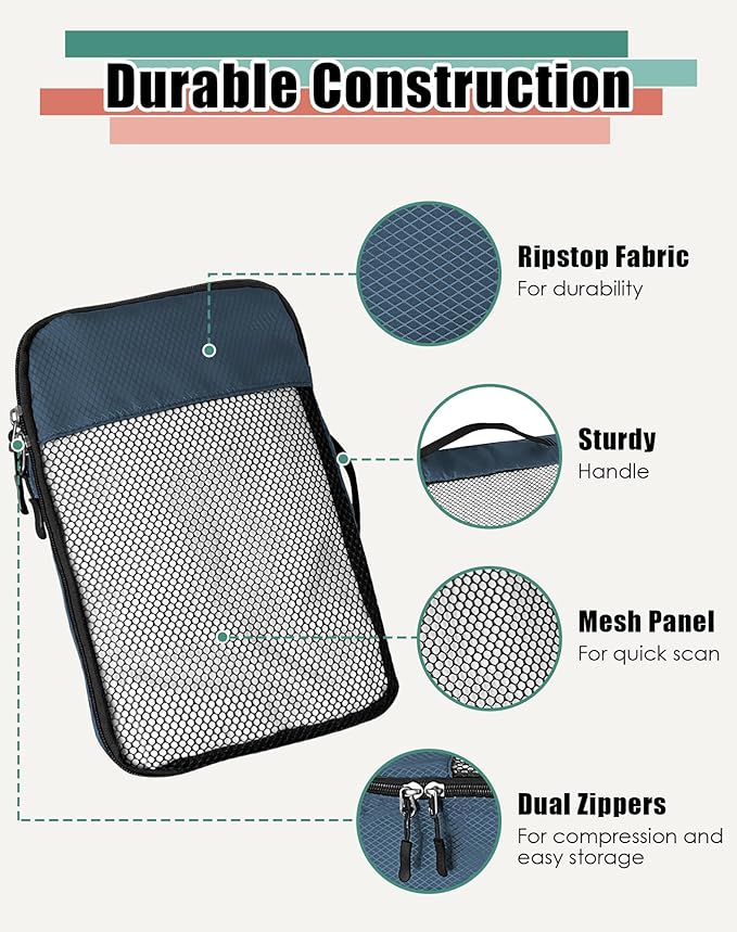 WTREE 4-Piece Packing Cubes Travel Accessories Set for Suitcases - Luggage Organizer Bags with Double Zipper - Mesh Top - Small/Medium/Large/Slim - Dark Blue