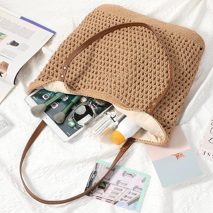 Pleneal Crochet Beach Bag, Summer Woven Tote Bag with Lining, Soft Purse Shoulder Bags for Vacation