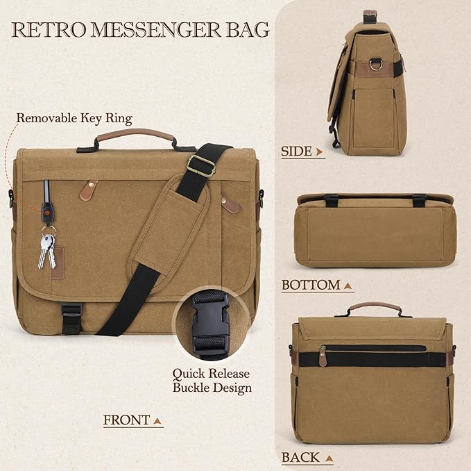 RAINSMORE Messenger Bag for Men 17-17.3 Inch Laptop Bag Water-resistant Canvas Computer Shoulder Bag Office Work Briefcase Large Casual Satchel Bags for Men Bookbag for College, Khaki