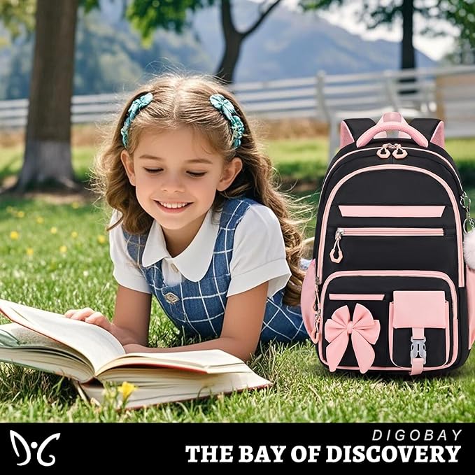 DIGOBAY Backpack for Girls, 3PCS Girls Backpack for School with Lunch Bag Pencil Case, Cute Kids Teens Bookbag for Kindergarten Elementary Preschool Middle School (Black-Pink)