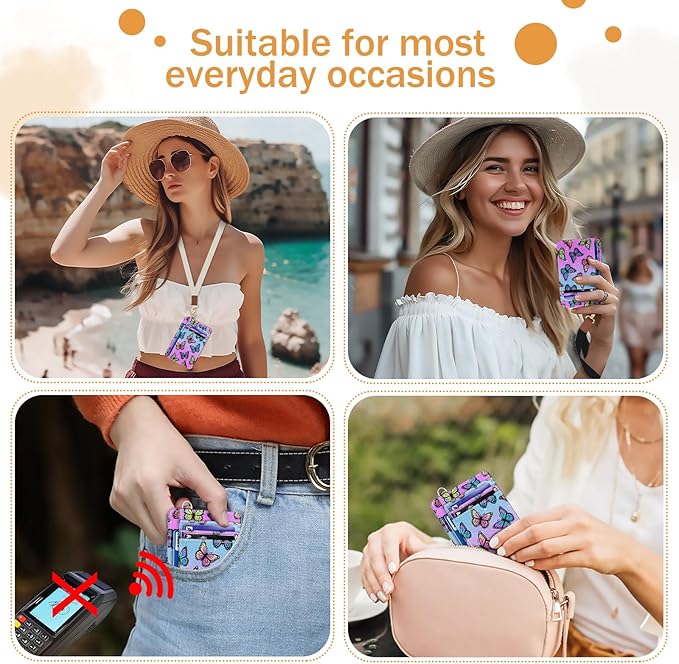 Yonlevres Credit Card Holder Slim Wallet, Butterfly RFID Wallet Women Front Pocket Small Card Holder, Travel Cute Funny Thin Card Case ID Window PU Leather RFID Blocking Card Organizer Gifts Girls