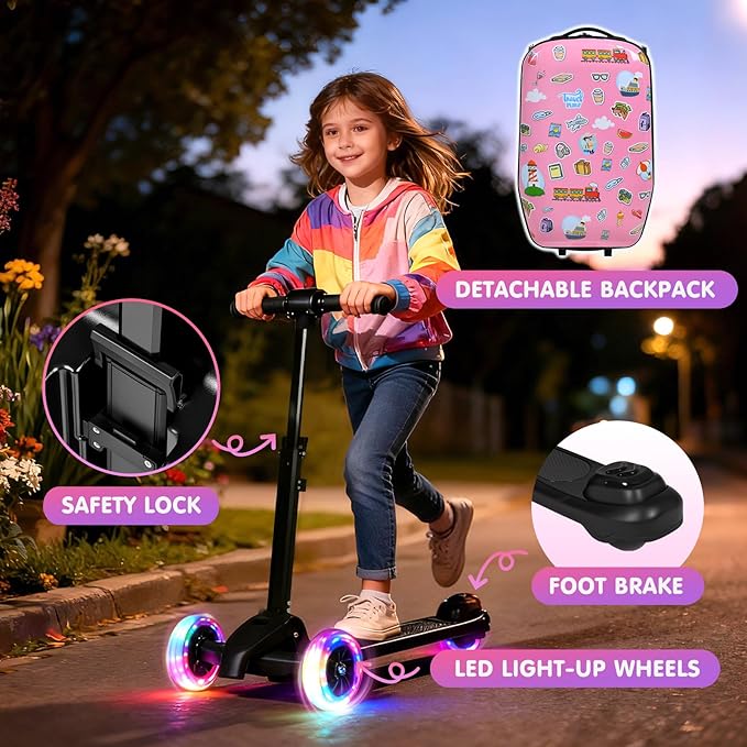 smilesun 4-in-1 Detachable Scooter Luggage for Kids & Teens, Foldable Hardside Ride On Suitcase with LED Wheels, Stylish and Safe Design(Pink)