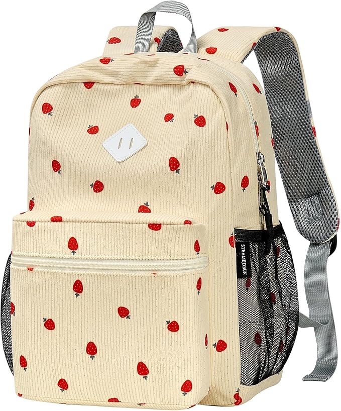 STEAMEDBUN Corduroy Kids Backpack for Girls Boys 3-8, Girls Backpack for Elementary Kindergarten - Strawberry