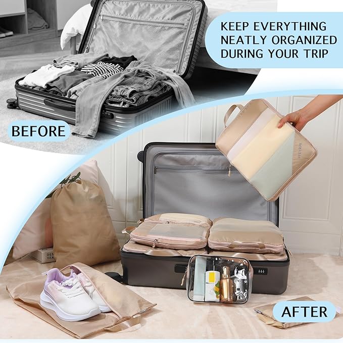 PFEYRPK Lightweight Compression Packing Cubes for Suitcases, Compressible Expandable Travel Packing Organizer with Clear Toiletries and Backpack Bag, Travel Essentials for Carry on Luggage 7 Set