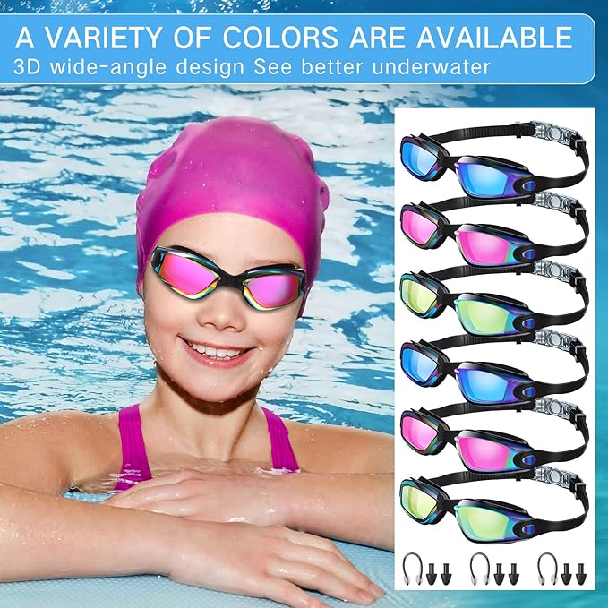Flutesan 6 Pack Swim Goggles for Adult Anti Fog Swimming Glasses with Ear Plugs Nose Clip No Leaking Full Protection Goggles