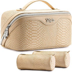 BOYATU Travel Makeup Bags for Women: 3 Pcs Set Wide Open Cosmetic Bag - Portable Make up Bags with Handle - Vegan Leather Toiletry Organizer Bag with Divider (G-04-Beige)