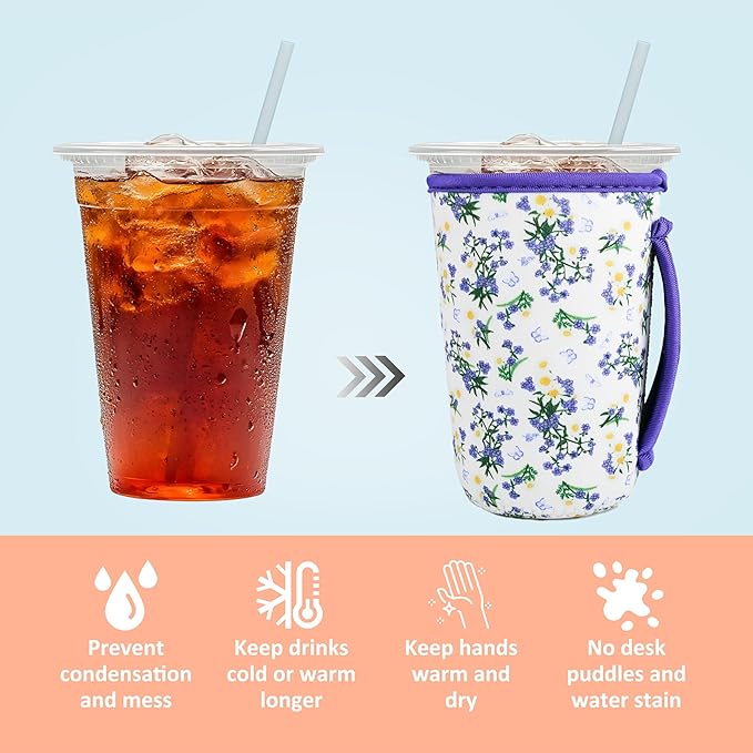 KJQJLY 3 Pac Reusable Iced Coffee Sleeves for Iced Coffee Cups or Drinks Reusable Neoprene Insulated Sleeves for Hot and Cold Drinks from Starbucks, Dunkin, And More (Little Orchid)