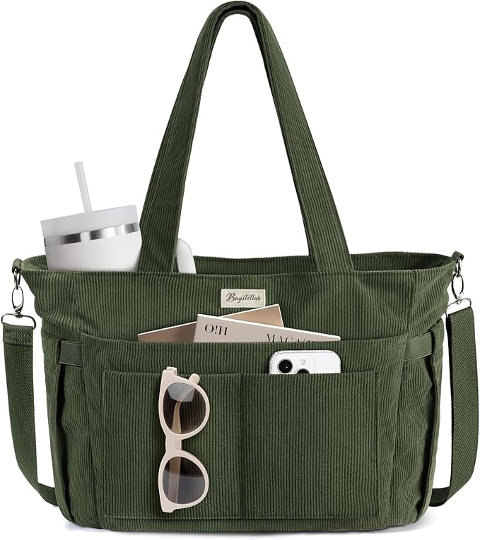 Bagstellar Corduroy Tote Bag for Women, 17 Pockets Laptop Work Tote Bag Lightweight Teacher Nurse Bible Bag for School Travel | with 40oz Cup Holder, Multi Compartment, Zipper Crossbody Bag, College Shoulder Bag, Daily Purse w/ Strap, Ideal Gift for Women