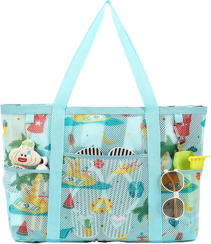 Fammart Mesh Beach Bag with Zipper, Large Beach Tote for Women, Toys Pool Swim Bag Travel Vacation Cruise Essentials