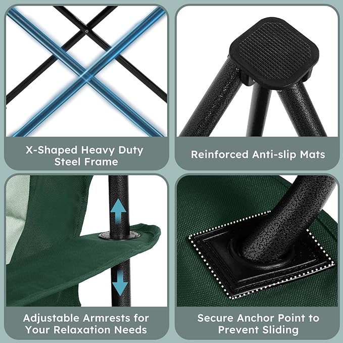 Colegence Heavy Duty Camping Chair for Adults, Oversized Heavy People Foldable Outside Camp Chairs Carry Bag Included, with Cooler Bag Cup Holder, Side Pocket for Lawn,Sport,Outdoor,Dark Green