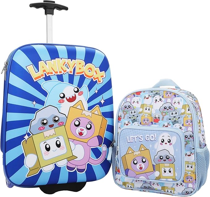 Bioworld Lanky Box Character Group Shot 2-Piece Youth EVA Wheeled Youth Luggage & Travel Backpack Set