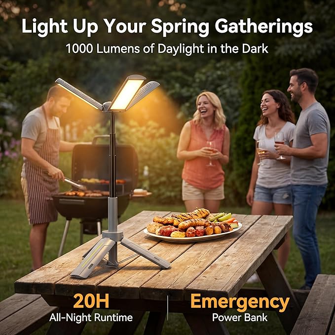 BUBRA 40" Telescopic Camping Lights with Stand, 8000mAh Rechargeable LED Work Light & Camp Lantern, 1000LM Portable Tripod Lamp, 20H Runtime for Power Outages, Survival Gear and Camping Essentials