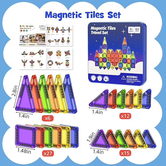 Mini Magnetic Tiles Travel Kit for Kids Ages 3-8, 60pcs Portable Magnetic Building Blocks with Visual Storage Guide & Metal Play Base, STEM Sensory Toys for Preschool Learning