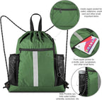 BeeGreen Green Drawstring Bag Gym Cinch Backpack w Shoe Compartment and Two Side Pockets Machine Washable Sports Sinch Sack String Sackpack for Swim Equipment Beach Travel