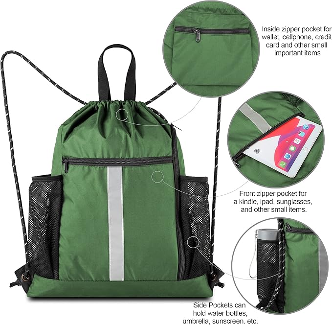 BeeGreen Green Drawstring Bag Gym Cinch Backpack w Shoe Compartment and Two Side Pockets Machine Washable Sports Sinch Sack String Sackpack for Swim Equipment Beach Travel