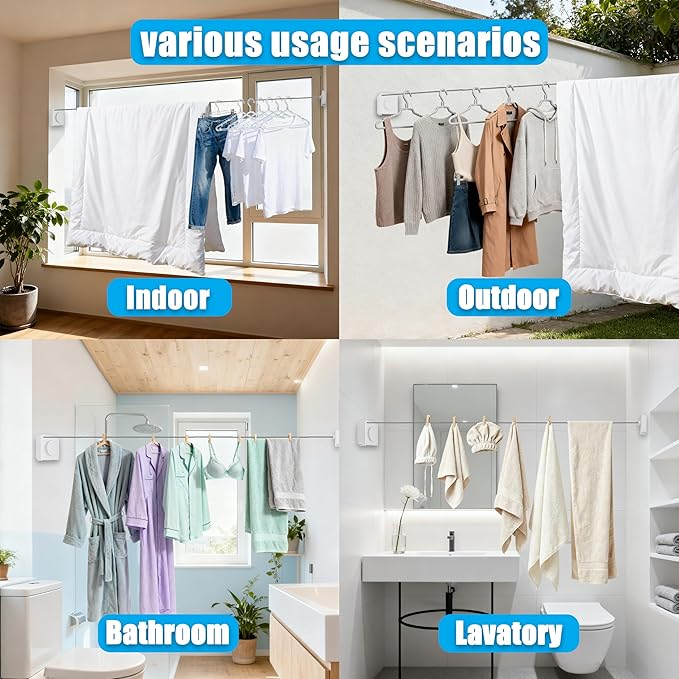 Retractable Clothesline Indoor & Outdoor, 16.2 Feet Stainless Steel Washing Line, Non-Sagging Wall Mounted Heavy Duty Laundry Line, Easy Installation Space-Saving Clothing Dry Rack (White)