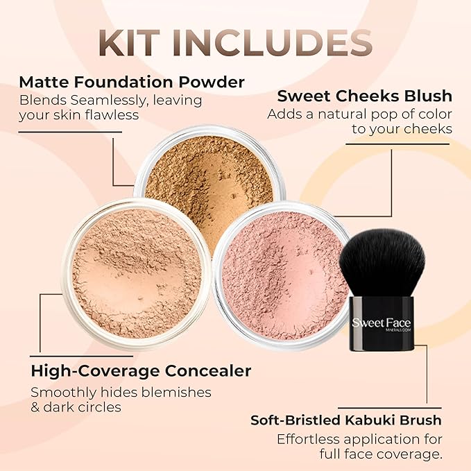 4pc KIT w/KABUKI BRUSH Mineral Makeup Bare Set Full Coverage Concealer Blush Foundation Powder (Beige)