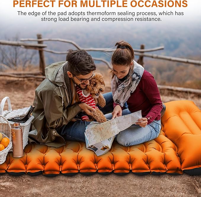 FUN PAC Camping Sleeping Pad, Ultralight Camping Mat with Pillow Built-in Foot Pump & Pillow, Upgraded Compact Camping Air Mattress for Tent, Backpacking-Orange