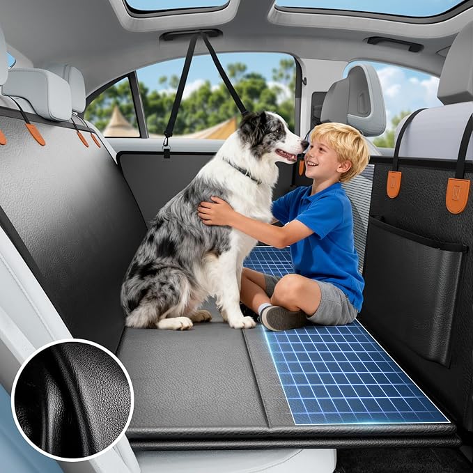 Dog Car Seat Cover for Back Seat with Hard Bottom, PU Leather Back Seat Extender for Dogs,Dog Hammock Bed for Cars, SUVs, Pet Seat Cover for Back Seat Holds 400lbs with Mesh Window & Pocket