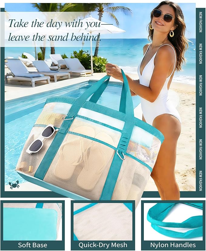 2026 Stylish & Spacious XX-Large Beach Bag for Women – Mesh × Canvas Tote with Top Zipper, 11 Tall Pockets | 40L+ Spacious, 11 Tall Pockets, Zipper Pouch, Secure Zip-Top, Sand-Resistant Base