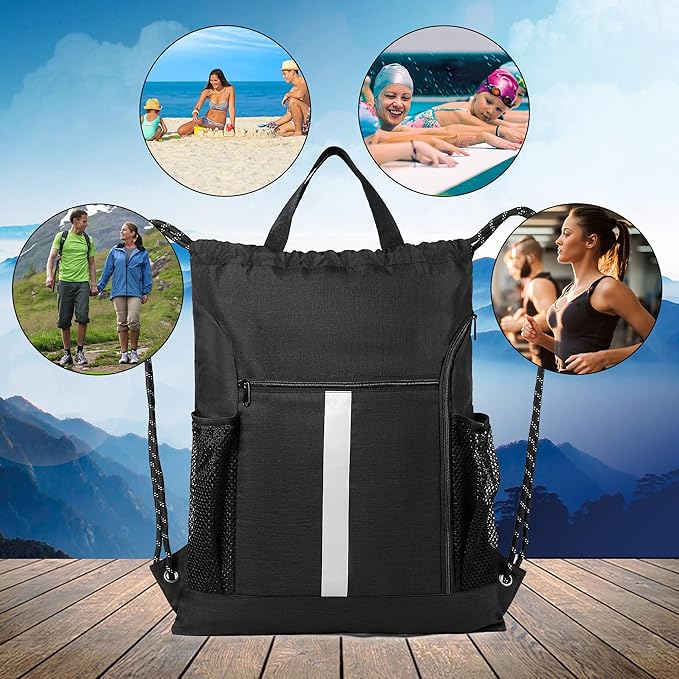 BeeGreen Mix-Black-Drawstring-Backpack-Bag, Large String Sack with Shoe Compartment and Two Side Mesh Pockets Lightweight Sturdy For Gym