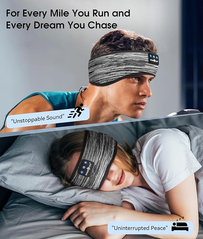 MUSICOZY Sleep Headphones Bluetooth 5.4 Headband, Wireless Earphones Music Sleep Earbuds Sleeping Eye Mask with HD Stereo Speakers for Workout Running Travel Yoga, Ideal Gifts (Stripped Gray)