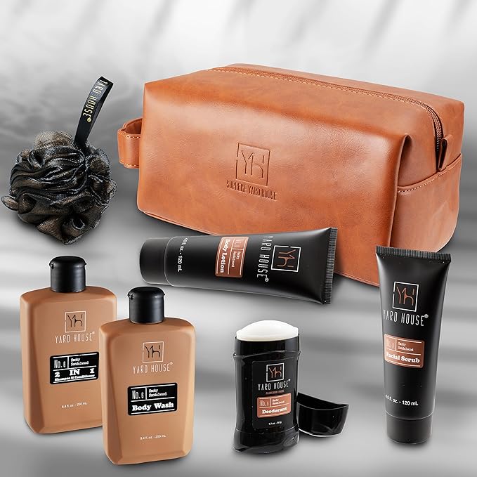 YARD HOUSE Luxury Mens Bath and Body Gift Set Basket For Him - Smoky Sandalwood - All Natural Skin Care Kit For Men w. Full Size Body Wash, Facial Scrub, Body Lotion, Deodorant in Leather Toiletry Bag