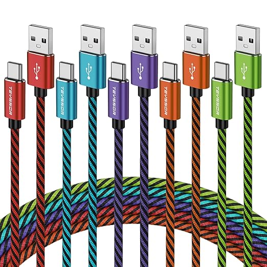 Teyssor USB C Cable 10FT 5-Pack Nylon Braided USB A to Type C Fast Charging Cord Compatible with Samsung Galaxy S24 S23 S22, Note 20 10 9 8, Moto G7 G8