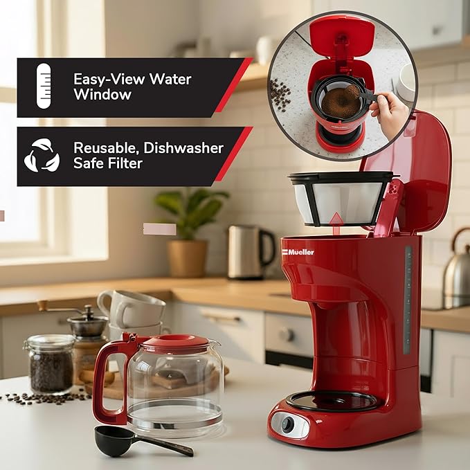 MUELLER HOME 12-Cup Red Coffee Maker - Perfect for Home or Office, Borosilicate Carafe, Auto-Off, Reusable Filter, Anti-Drip, Keep-Warm Function, Clear Water Level Window, Red Kitchen Accessories