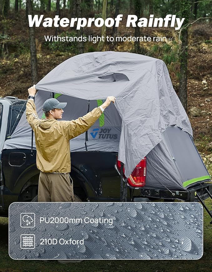 JOYTUTUS Pickup Truck Tent 6.5ft 2.0, Waterproof PU2000mm Double Layer for 2 Person, Portable Truck Bed Tent with Rainfly - Green