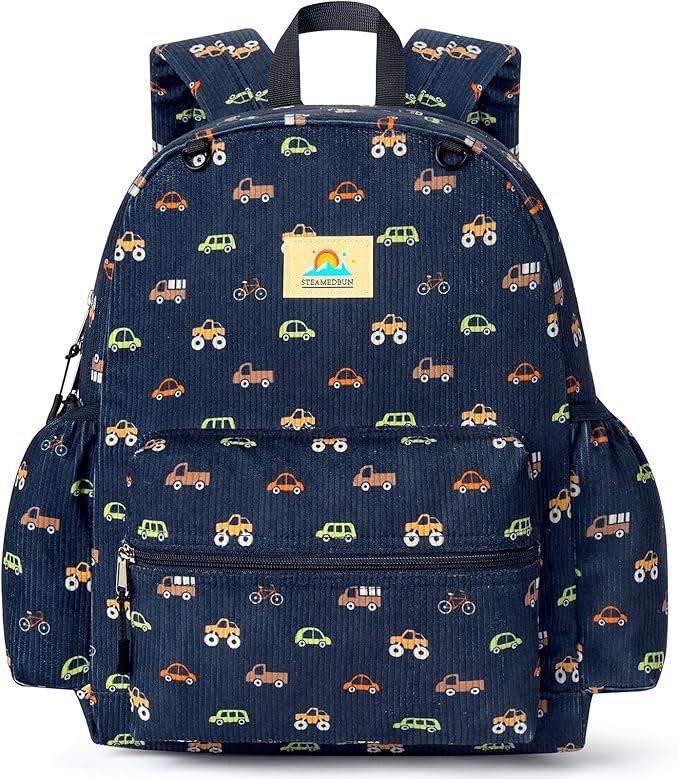 STEAMEDBUN Corduroy Kids Backpack for Boys and Girls 5-8: Boys Backpack for Elementary Kindergarten - 15 inch Cute Backpacks for Kids - Car
