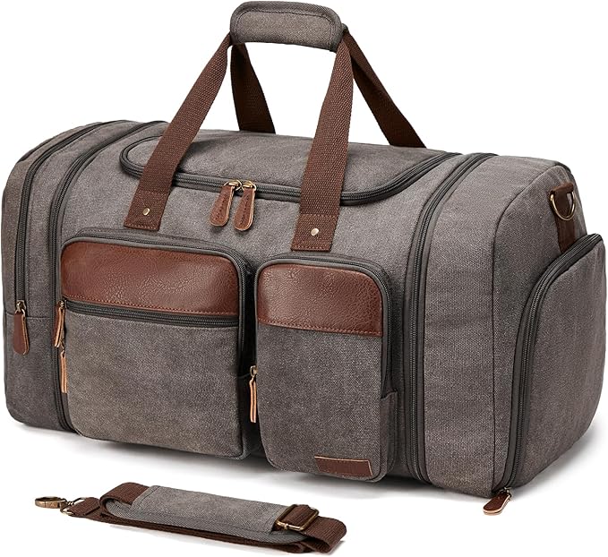 Canvas Duffle Bag for Travel 50L Expandable Travel Duffel Bags for Men Women Overnight Weekend Gym Bag with Shoes Compartment - Grey