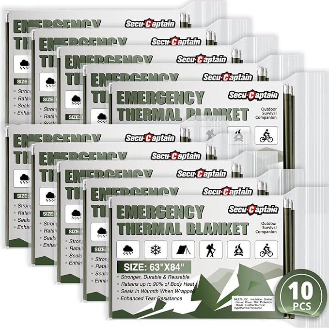 SecuCaptain Survival Emergency Thermal Blankets: Extra Large 84” x63” Space Mylar Blanket Kit for Outdoor Cold Winter Camping Hiking Car Bug Out Bag or First Aid - 10 Pack Amy Green