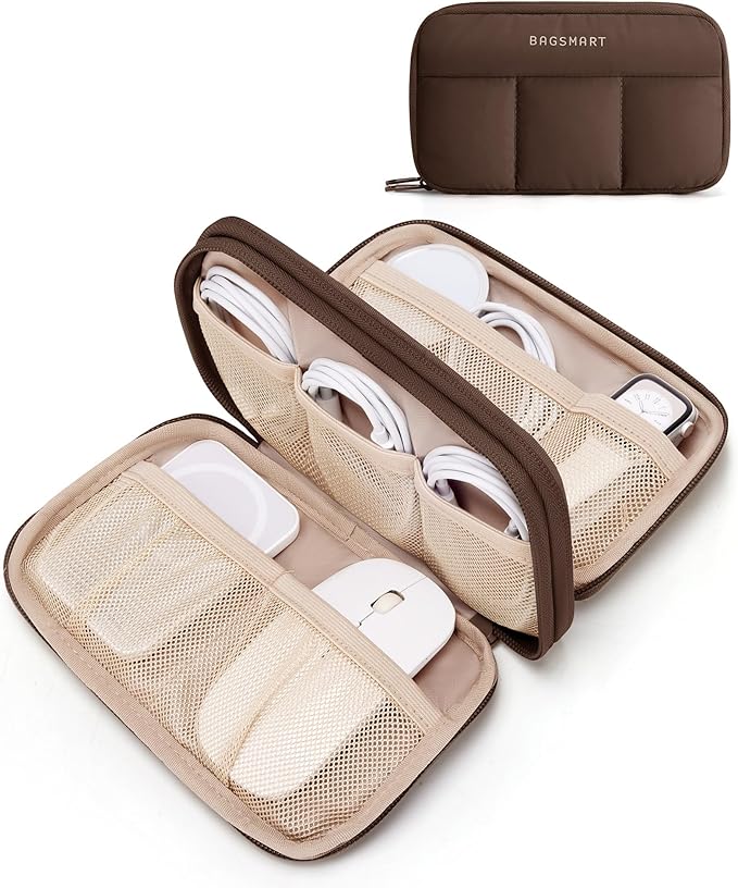 BAGSMART Electronics Organizer Travel Case, Cord Storage for Chargers Cables Phones, Compact Tech Accessories Pouch, Coffee