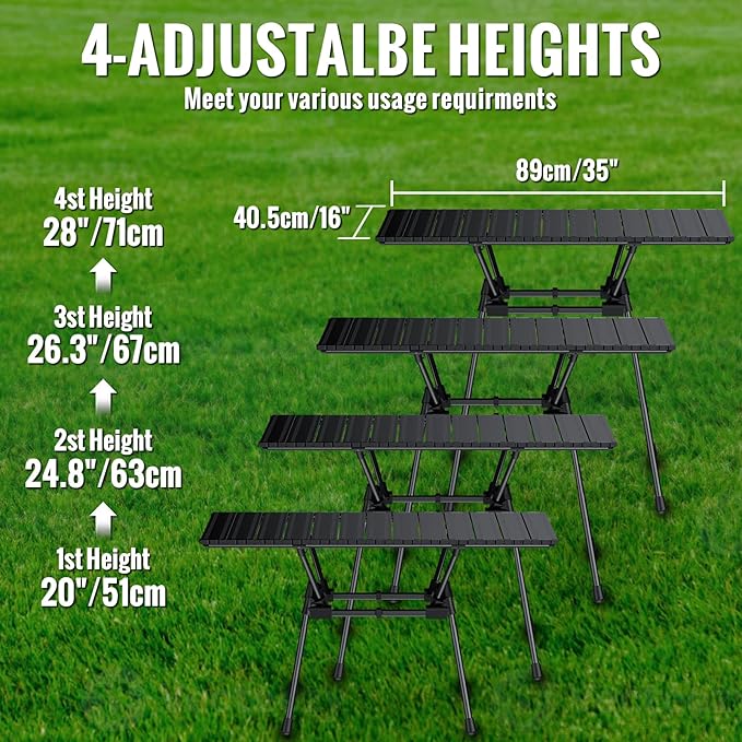 GARLLEN Folding Camping Table 176LBS Capacity, 4 Adjustable Height Roll-up Camping Table with Carrying Bag, Portable Aluminum Picnic Table for BBQ, Cooking, Outdoor, Tabletop 35" L x 16" W