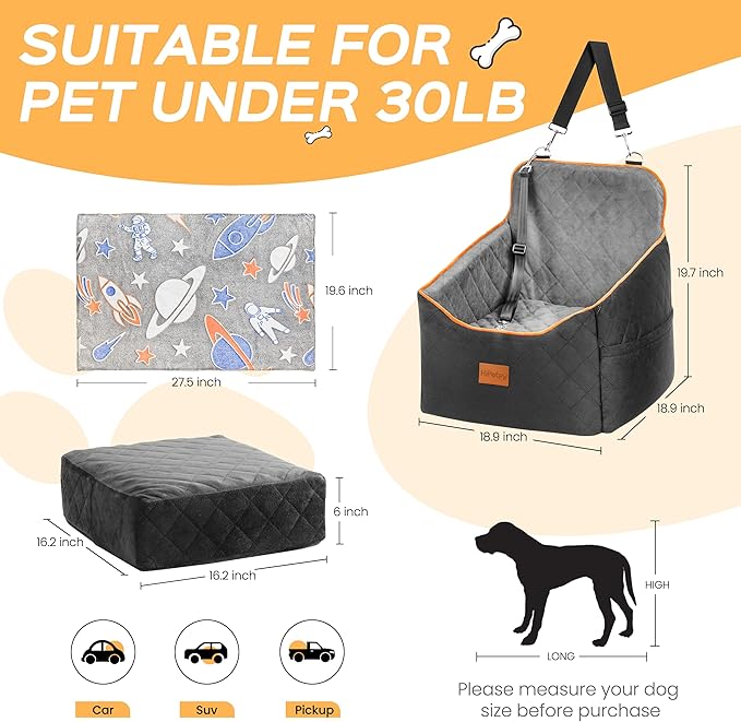 HiPetpy Dog Car Seat 6" Elevated Memory Foam Booster Seat for Small Medium Dogs Under 35 lbs with Pet Blanket, Washable Pet Car Seat with Safety Leash, Anti-Slip Base and Storage Pockets