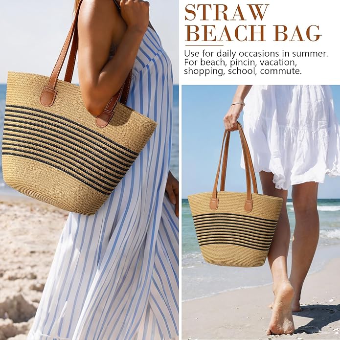 Beach Bags for Women, Summer Straw Beach Bag Straw Purse Shoulder Handbags Large Beach Tote for Summer Vacation