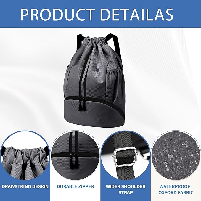 JELUTAR Drawstring Backpack Gym Bag with Shoes Compartment for Soccer, Basketball, Swim, Water-Resistant String Backpack Beach Cinch for Women Men, Dark Grey