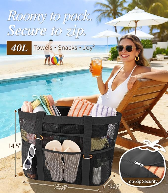 2026 Stylish & Spacious XX-Large Beach Bag for Women – Mesh × Canvas Tote with Top Zipper, 11 Tall Pockets | 40L+ Spacious, 11 Tall Pockets, Zipper Pouch, Secure Zip-Top, Sand-Resistant Base